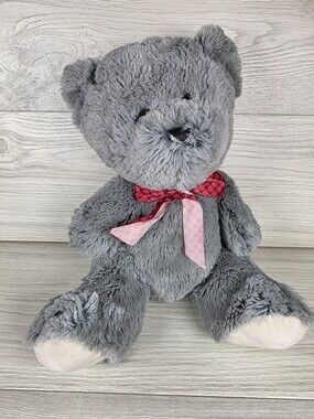 Hugfun Plush Gray Teddy Bear w Checkered RedBow, 13" SU33